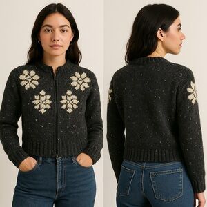 Old‎ Navy Black Wool Zip Front Floral Knit Sweater Sz. Small (L)